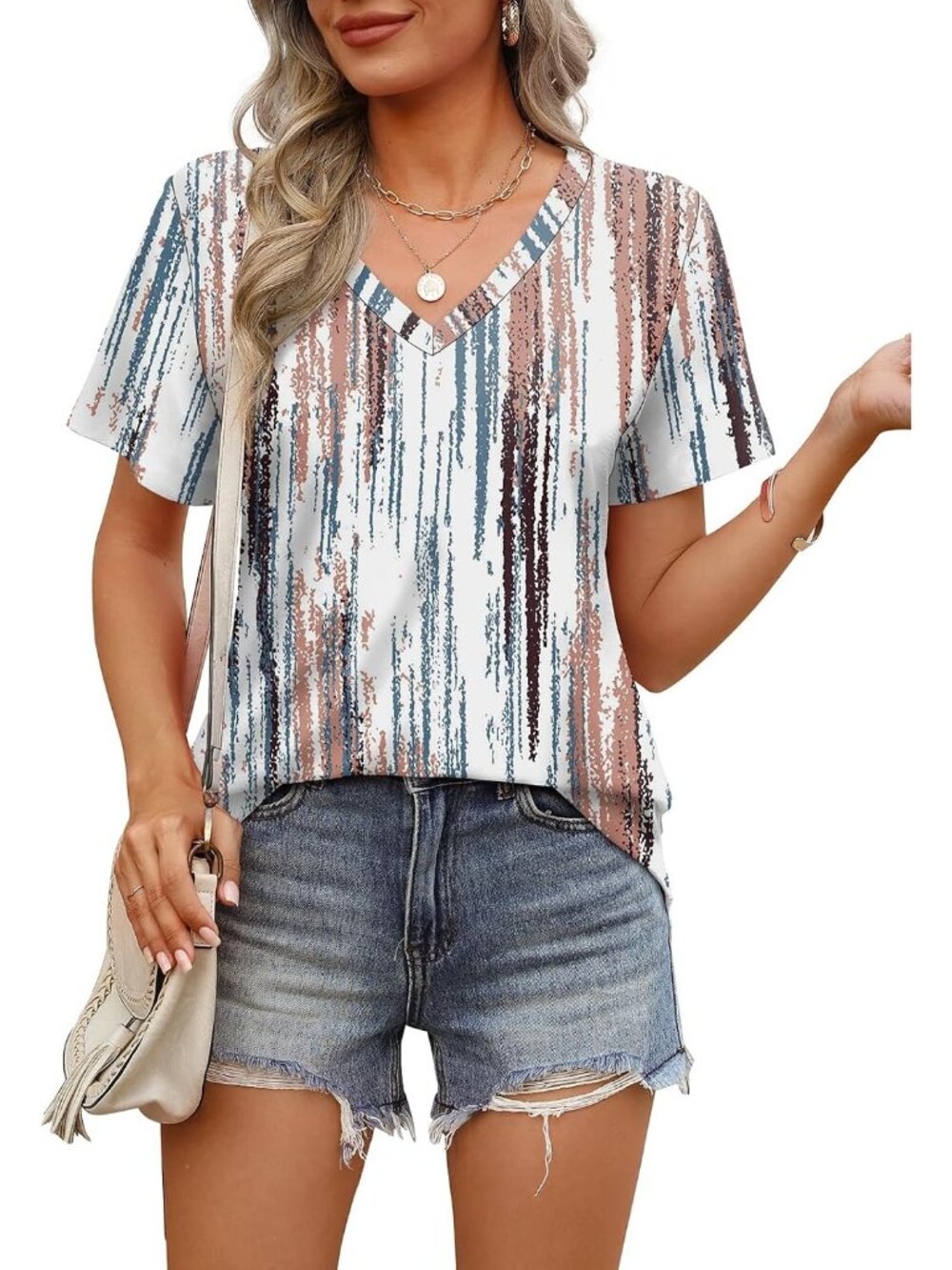 Women's Tie Dye Brown V Neck Short Sleeve Shirt Casual Loose Fit Curved Hem Tops - Picture 3 of 5